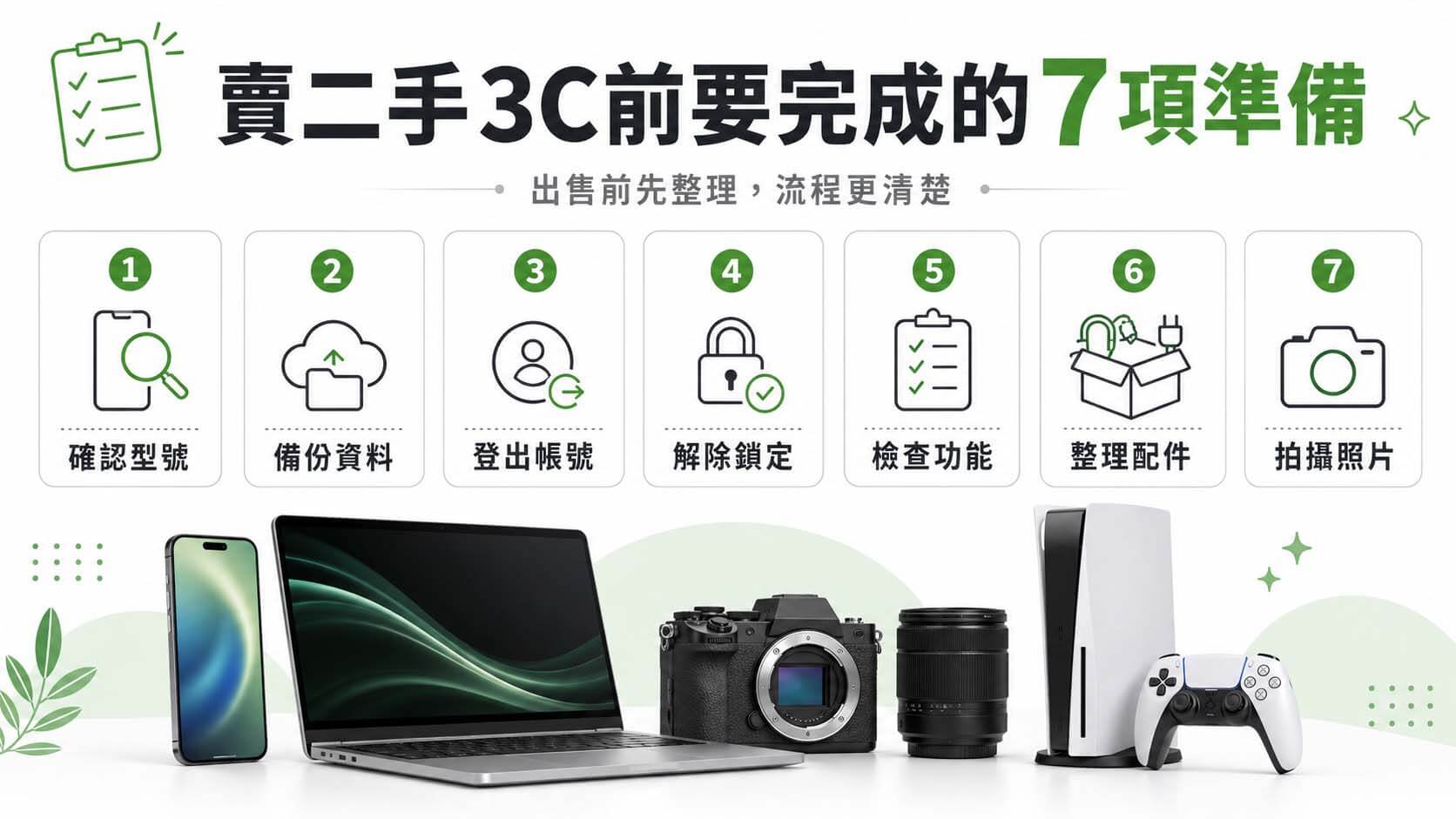 桌面上放置手機、筆電、相機與遊戲主機，旁邊有資料備份、帳號登出、功能檢查及配件清點圖示